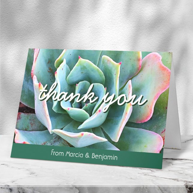 Mint green cactus photo script monogram name bold thank you card (Creator Uploaded)