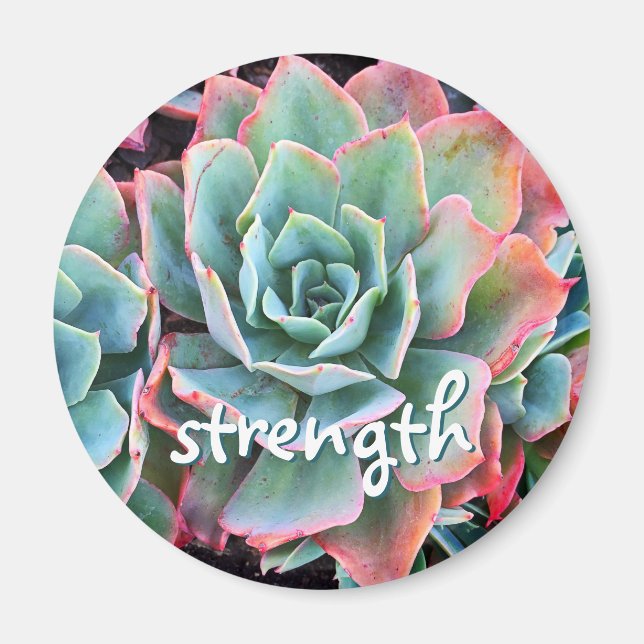 Mint Green Cactus Succulent Photo Strength Script Magnet (Front)