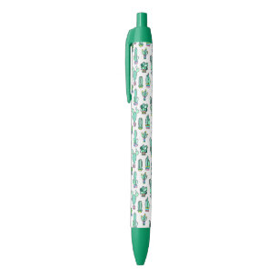 Mint Green Cactus & Succulent Plant Pattern Black Ink Pen