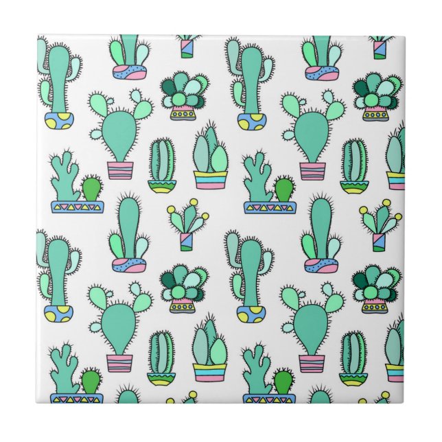 Mint Green Cactus & Succulent Plant Pattern Ceramic Tile (Front)