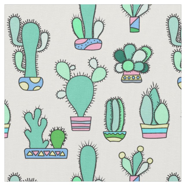 Mint Green Cactus & Succulent Plant Pattern Fabric (Close Up)