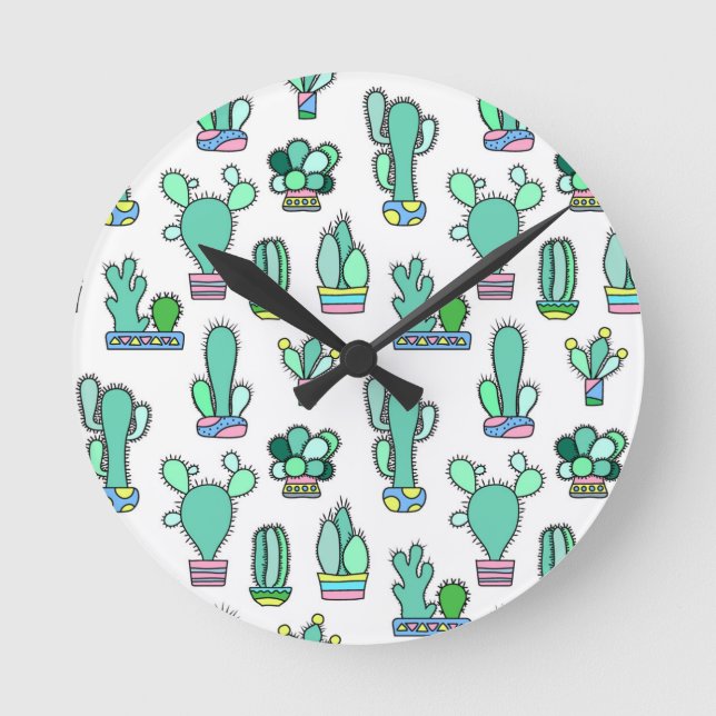 Mint Green Cactus & Succulent Plant Pattern Round Clock (Front)