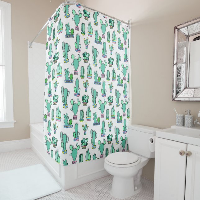 Mint Green Cactus & Succulent Plant Pattern Shower Curtain (In Situ)