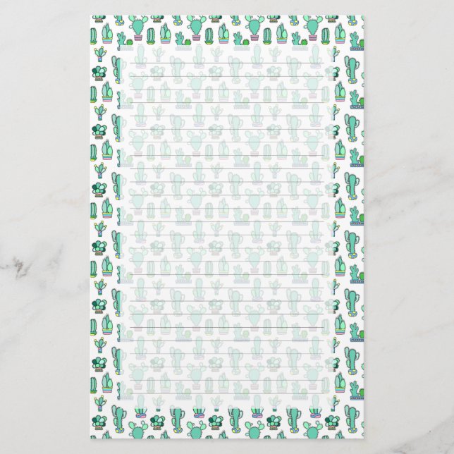 Mint Green Cactus & Succulent Plant Pattern Stationery (Front)