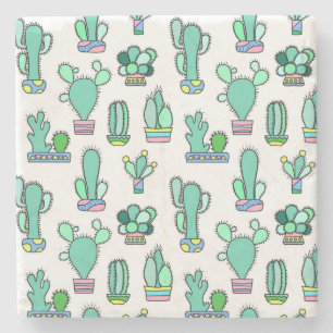 Mint Green Cactus & Succulent Plant Pattern Stone Coaster