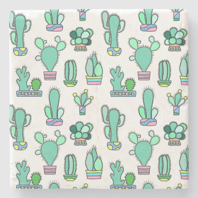 Mint Green Cactus & Succulent Plant Pattern Stone Coaster (Front)