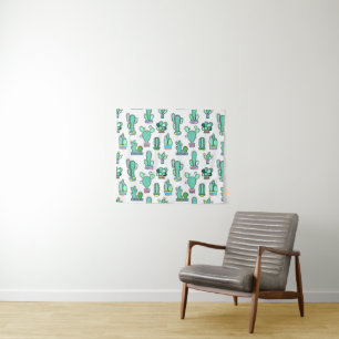Mint Green Cactus & Succulent Plant Pattern Tapestry