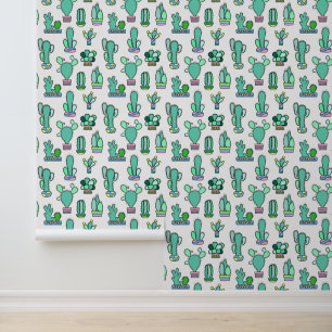 Mint Green Cactus & Succulent Plant Pattern Wallpaper