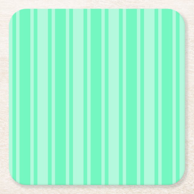 Mint green candy stripes square paper coaster (Front)