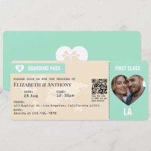 Mint Green & Champagne Boarding Pass Wedding Invitation