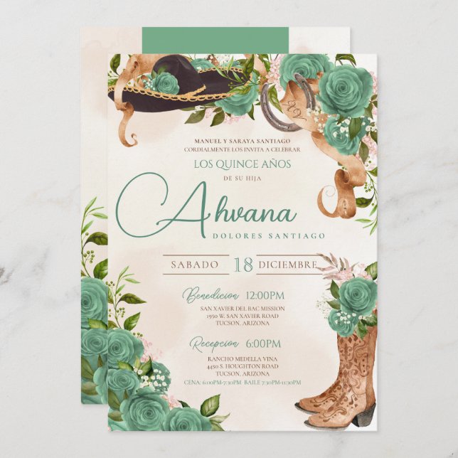 Mint Green Charra Quinceañera Western Sage Rose Invitation (Front/Back)