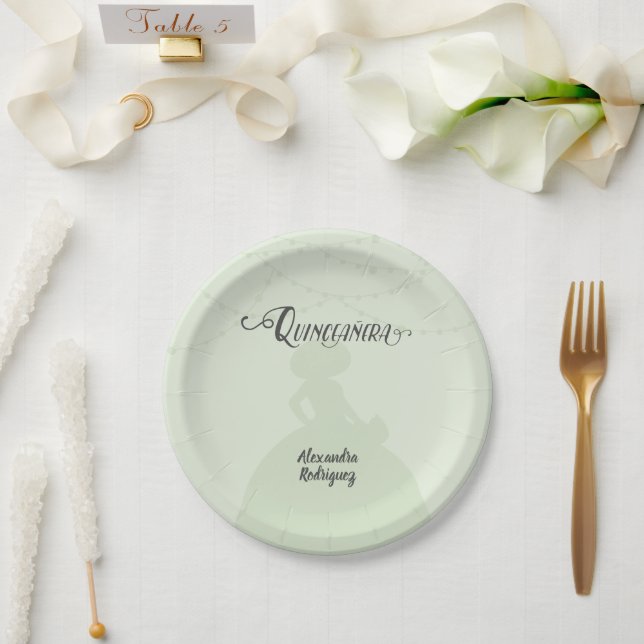 Mint Green Charro Silhouette Quinceanera Paper Plate (Wedding)