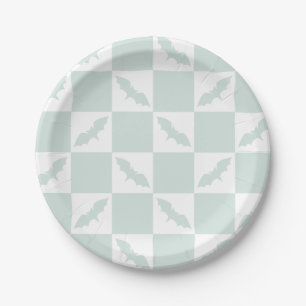 Mint Green Check Design with Flying Bats Paper Plate