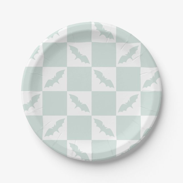 Mint Green Check Design with Flying Bats Paper Plate (Front)