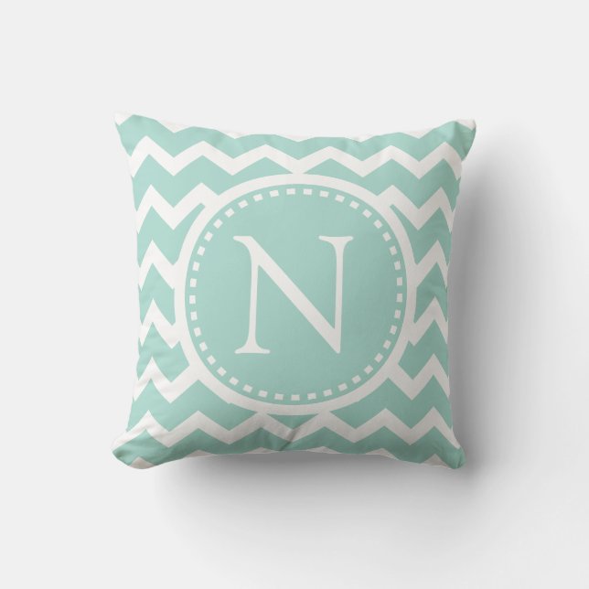 Mint Green Chevron Girly ZigZag Monogram Cushion (Front)
