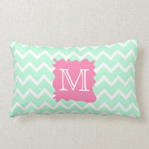 Mint Green Chevron Monogram Design with Pink Splat Lumbar Cushion