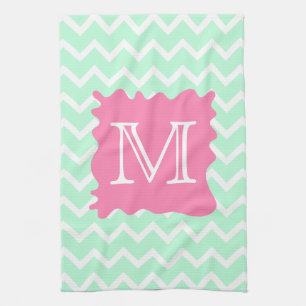 Mint Green Chevron Monogram Design with Pink Splat Tea Towel