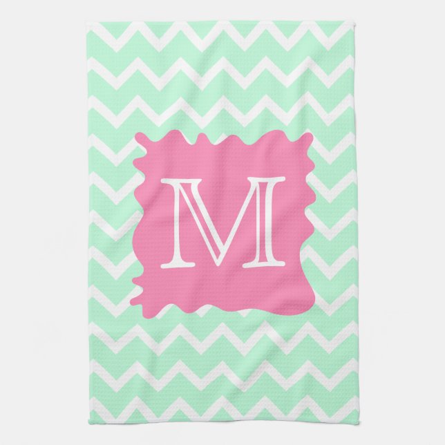 Mint Green Chevron Monogram Design with Pink Splat Tea Towel (Vertical)