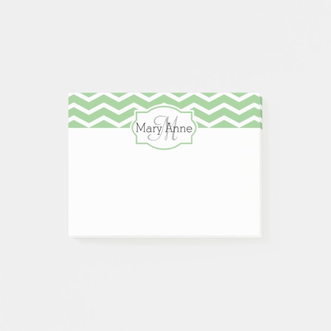 Mint Green Chevron Name Monogrammed Personalised Post-it Notes (Front)