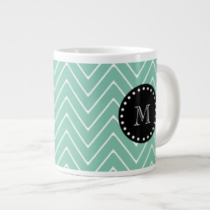 Mint Green Chevron Pattern   Black Monogram Large Coffee Mug