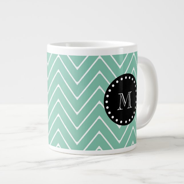 Mint Green Chevron Pattern | Black Monogram Large Coffee Mug (Front Right)
