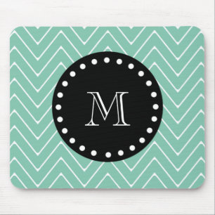 Mint Green Chevron Pattern   Black Monogram Mouse Pad