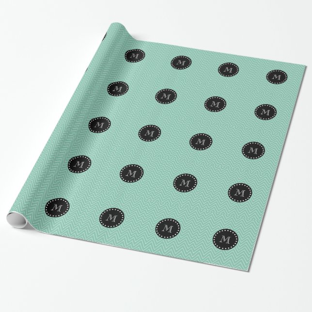Mint Green Chevron Pattern | Black Monogram Wrapping Paper (Unrolled)