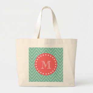 Mint Green Chevron Pattern Coral Monogram Large Tote Bag