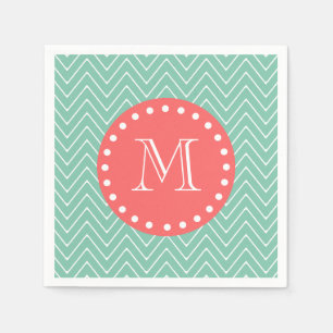 Mint Green Chevron Pattern Coral Monogram Napkin