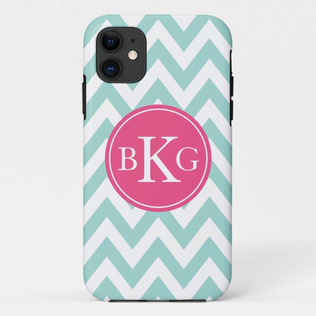 Mint Green Chevron & Pink Custom Monogram Case-Mate iPhone Case (Back)