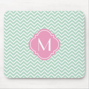 Mint Green Chevron Zigzag Stripes with Monogram Mouse Pad