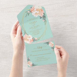 Mint Green Chic Blush Gold Peach Floral Wedding All In One Invitation