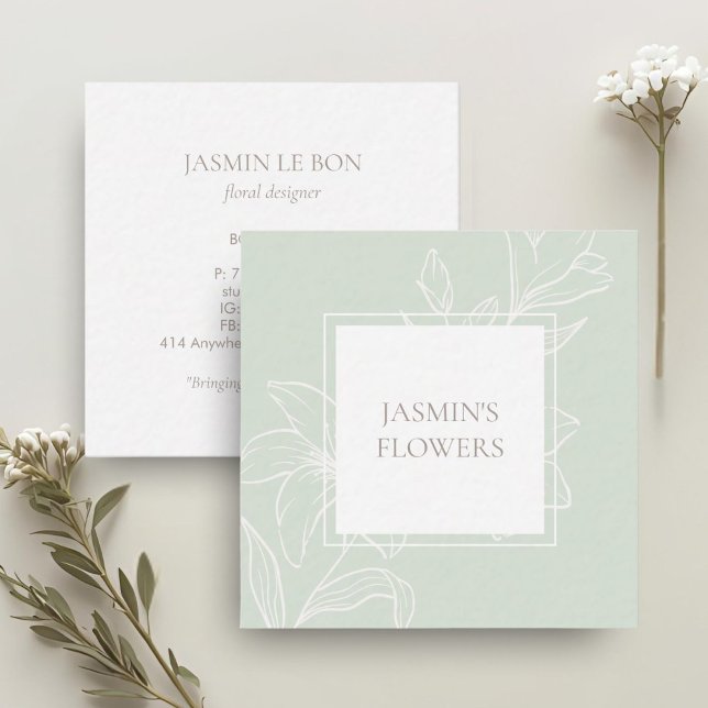 Mint Green | Chic Floral Label Square Business Card (Creator Uploaded)