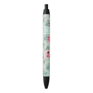 Mint Green   Chic Watercolour Floral Monogram Black Ink Pen