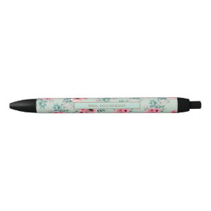 Mint Green Chic Watercolour Floral Personalised Black Ink Pen