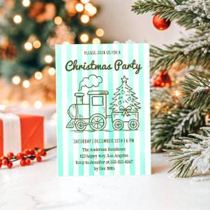 Mint Green Christmas Party with Train & Tree Invitation