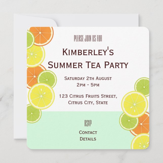 Mint Green Citrus Fruit Slices Summer Tea Party Invitation (Back)