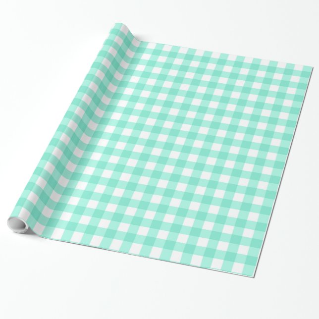 Mint Green Classic Gingham Chequered Pattern Wrapping Paper (Unrolled)