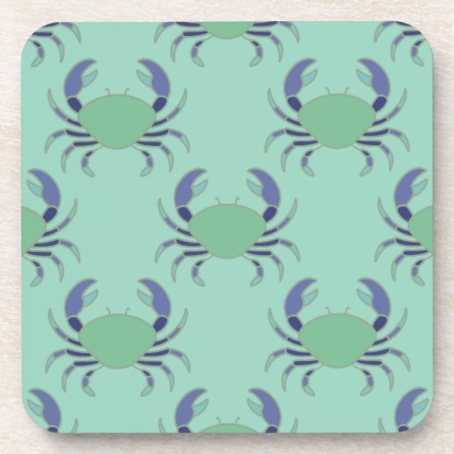 Mint Green Coastal Crab Pattern Coasters (Front)