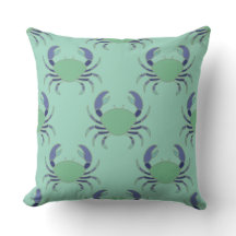 Mint Green Coastal Crab Pattern Throw Pillow