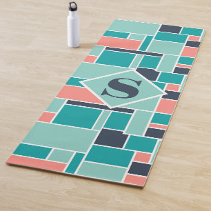 Mint Green Coral Monogram Geometric Art Yoga Mat