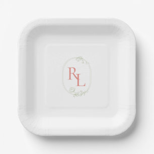 Mint Green & Coral Pink Couple Monogram Wedding Paper Plate