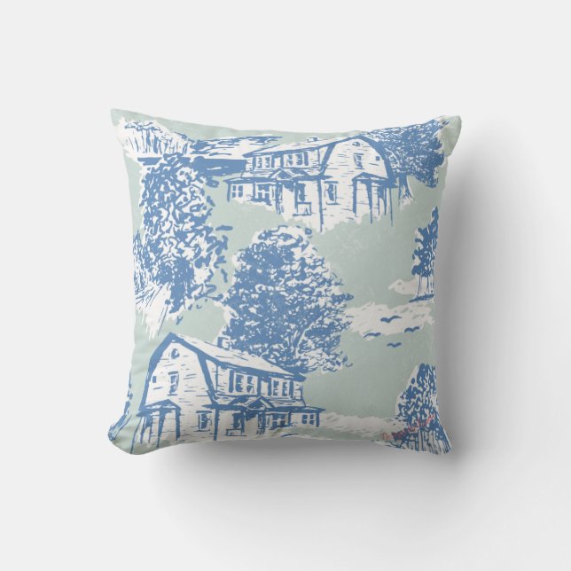 Mint Green & Cornflower Blue Toile Design Cushion (Front)