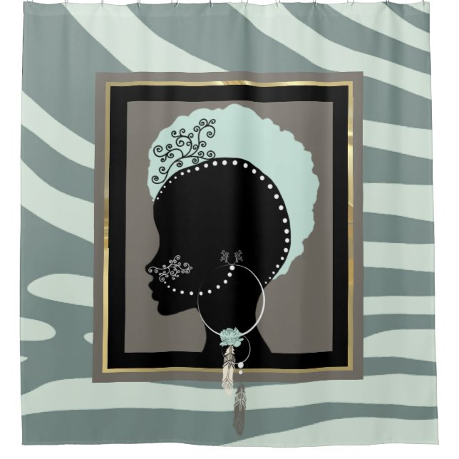 Mint green, cream, and black zebra print shower curtain (Front)