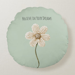 Mint Green Cream Faux Knit Flower Round Cushion