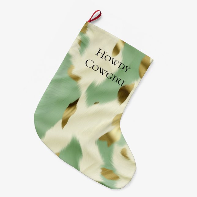 Mint Green Cream Gold Cowhide Large Christmas Stocking (Front (Hanging))