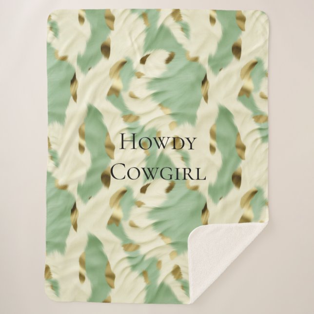 Mint Green Cream Gold Cowhide Sherpa Blanket (Front)