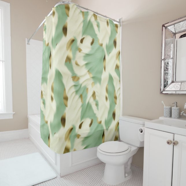 Mint Green Cream Gold Cowhide Shower Curtain (In Situ)