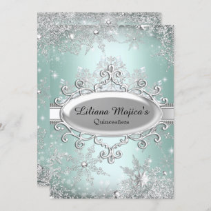 Mint Green Crystal Snowflake Princess Quinceanera Invitation