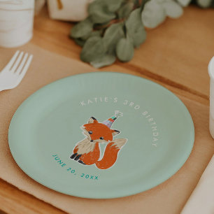 Mint Green Cute Fox Party Hat Woodland Birthday Paper Plate